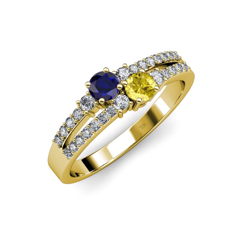 Zaira Blue and Yellow Sapphire with Side Diamonds Split Shank Ring 