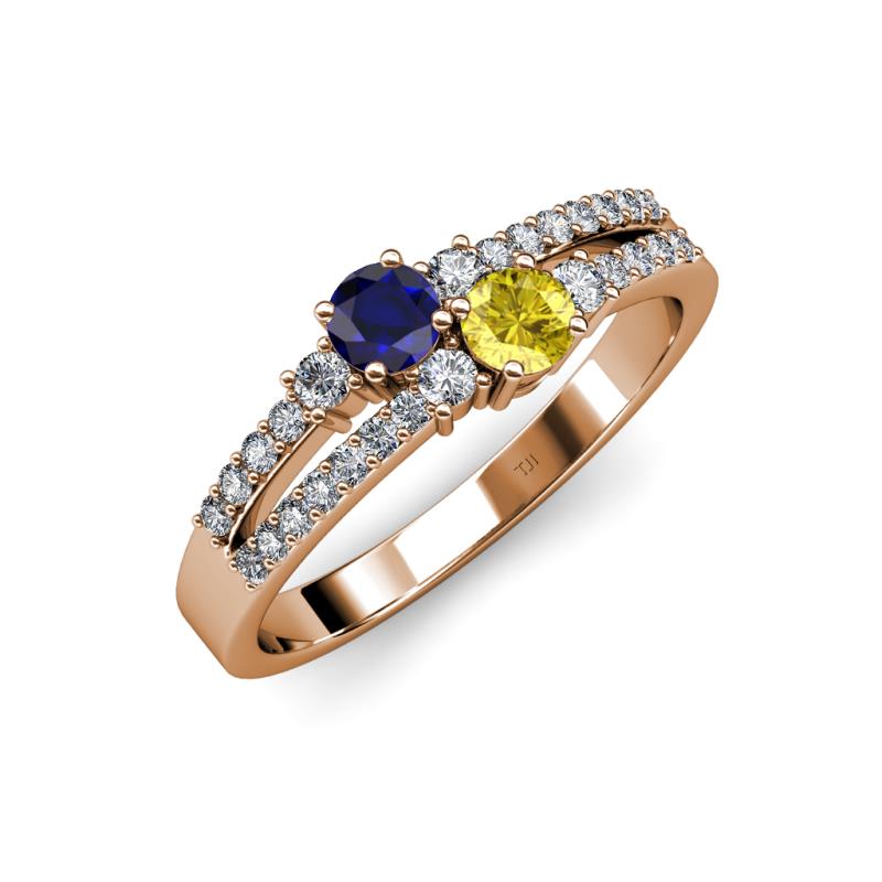 Zaira Blue and Yellow Sapphire with Side Diamonds Split Shank Ring 