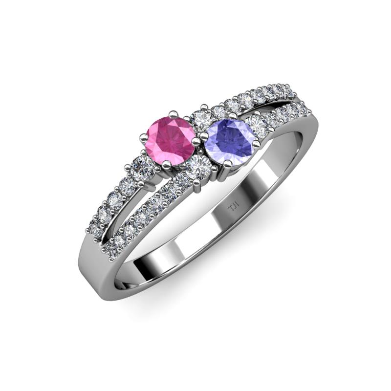 Zaira Pink Sapphire and Tanzanite with Side Diamonds Split Shank Ring 