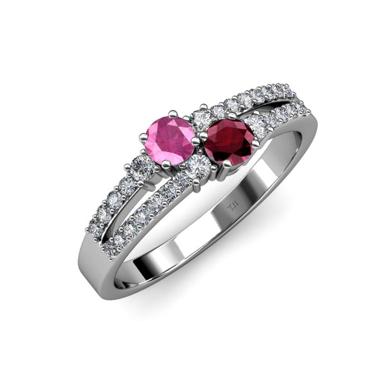 Zaira Pink Sapphire and Ruby with Side Diamonds Split Shank Ring 
