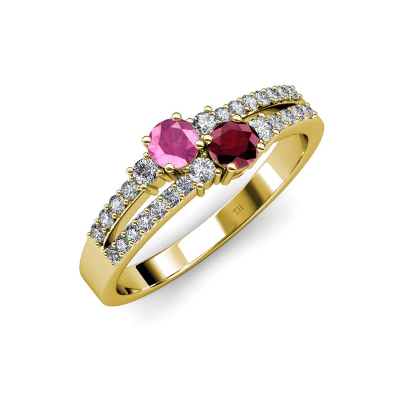 Zaira Pink Sapphire and Ruby with Side Diamonds Split Shank Ring 