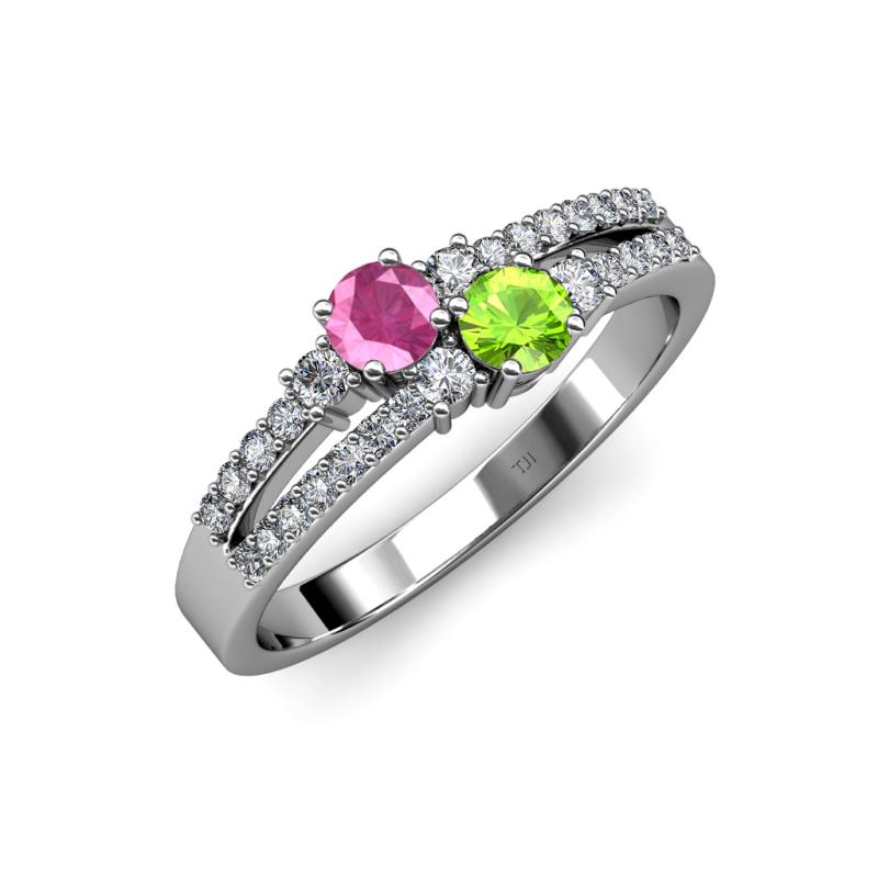Zaira Pink Sapphire and Peridot with Side Diamonds Split Shank Ring 