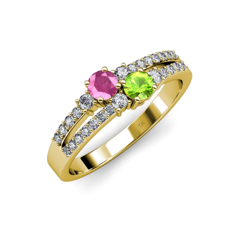 Zaira Pink Sapphire and Peridot with Side Diamonds Split Shank Ring 