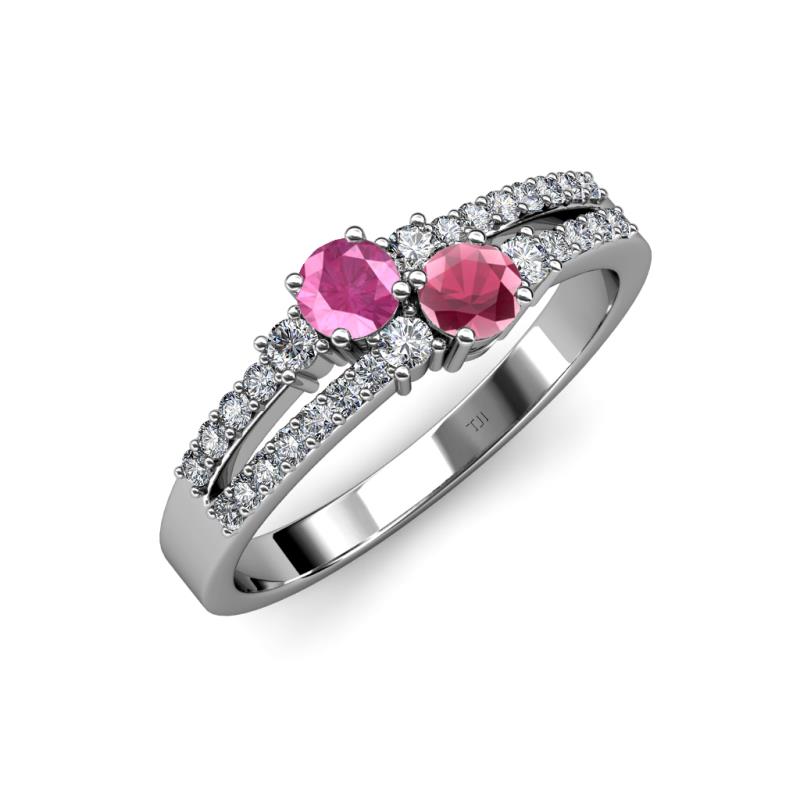 Zaira Pink Sapphire and Rhodolite Garnet with Side Diamonds Split Shank Ring 
