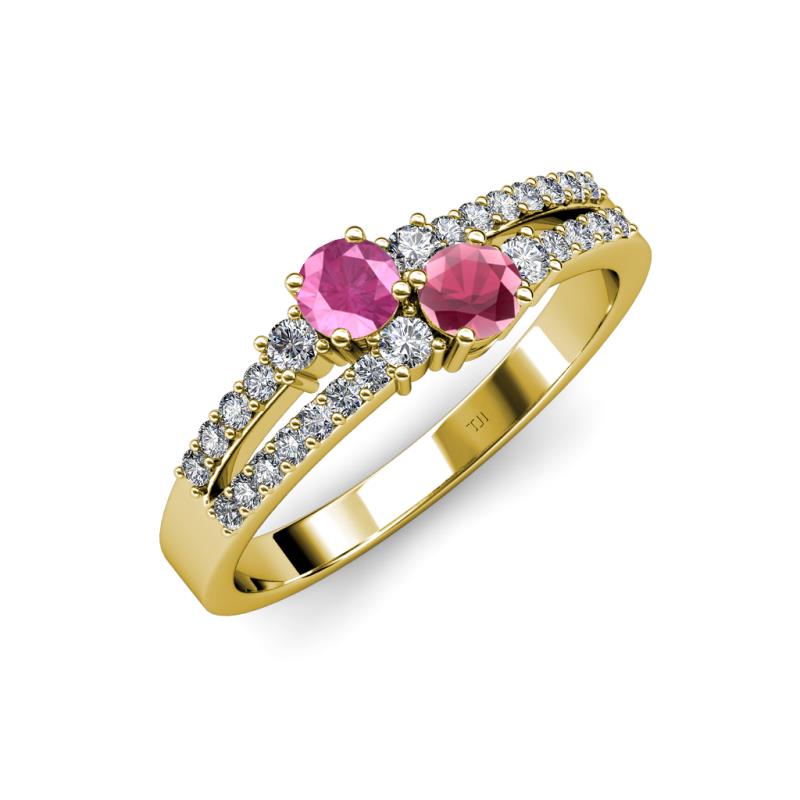 Zaira Pink Sapphire and Rhodolite Garnet with Side Diamonds Split Shank Ring 