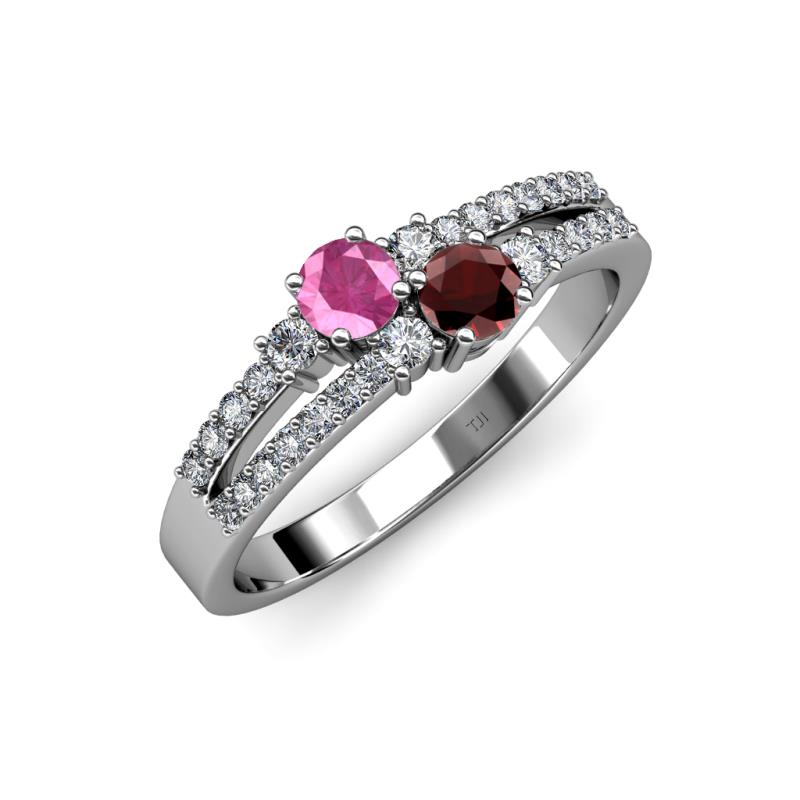 Zaira Pink Sapphire and Red Garnet with Side Diamonds Split Shank Ring 