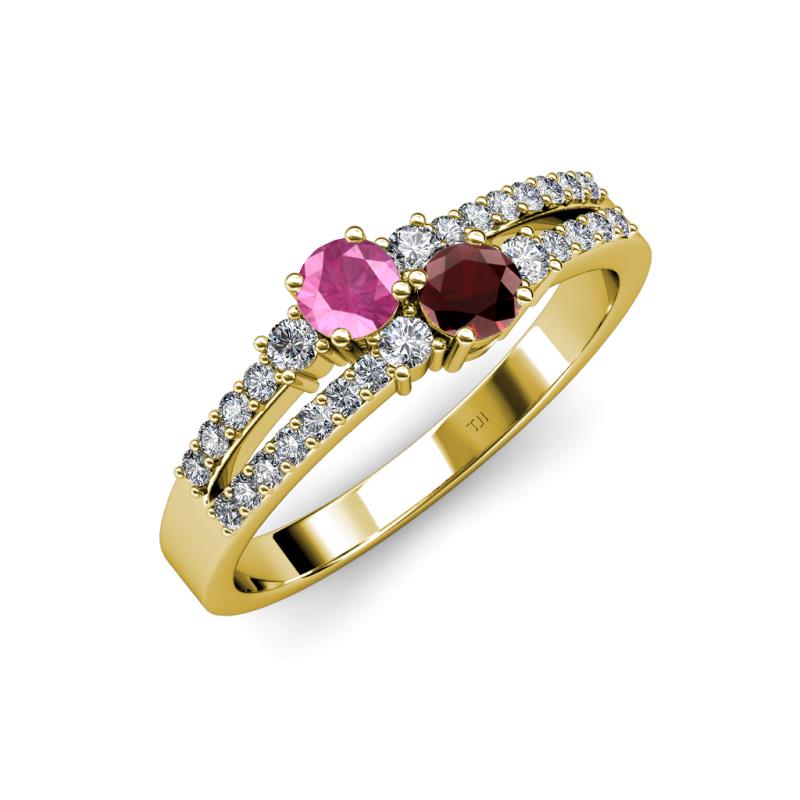Zaira Pink Sapphire and Red Garnet with Side Diamonds Split Shank Ring 