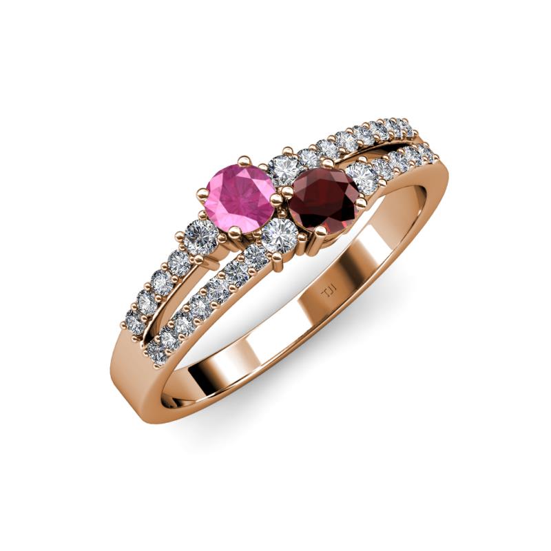 Zaira Pink Sapphire and Red Garnet with Side Diamonds Split Shank Ring 