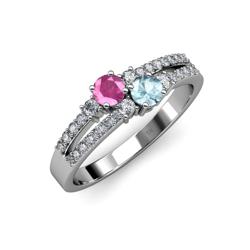 Zaira Pink Sapphire and Aquamarine with Side Diamonds Split Shank Ring 