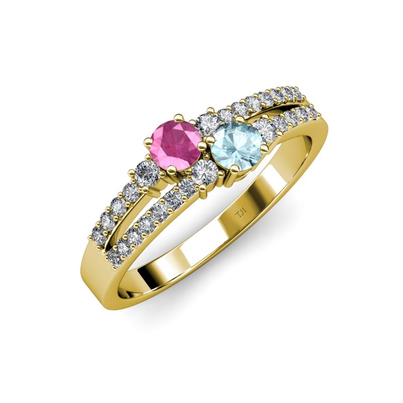 Zaira Pink Sapphire and Aquamarine with Side Diamonds Split Shank Ring 