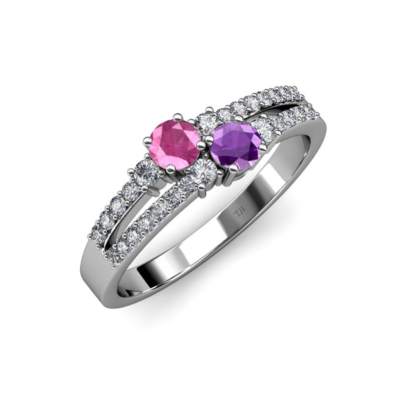 Zaira Pink Sapphire and Amethyst with Side Diamonds Split Shank Ring 