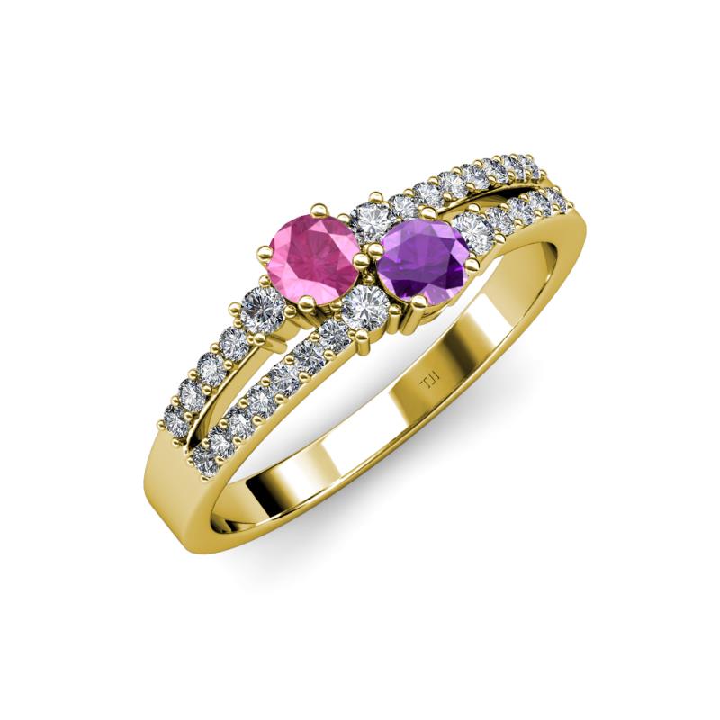 Zaira Pink Sapphire and Amethyst with Side Diamonds Split Shank Ring 