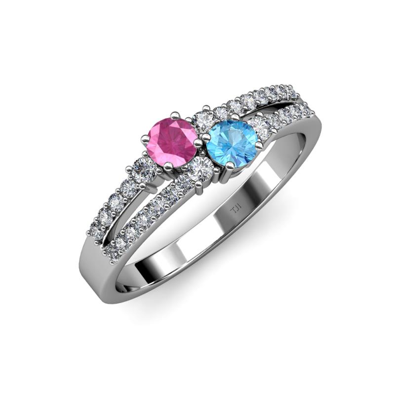 Zaira Pink Sapphire and Blue Topaz with Side Diamonds Split Shank Ring 