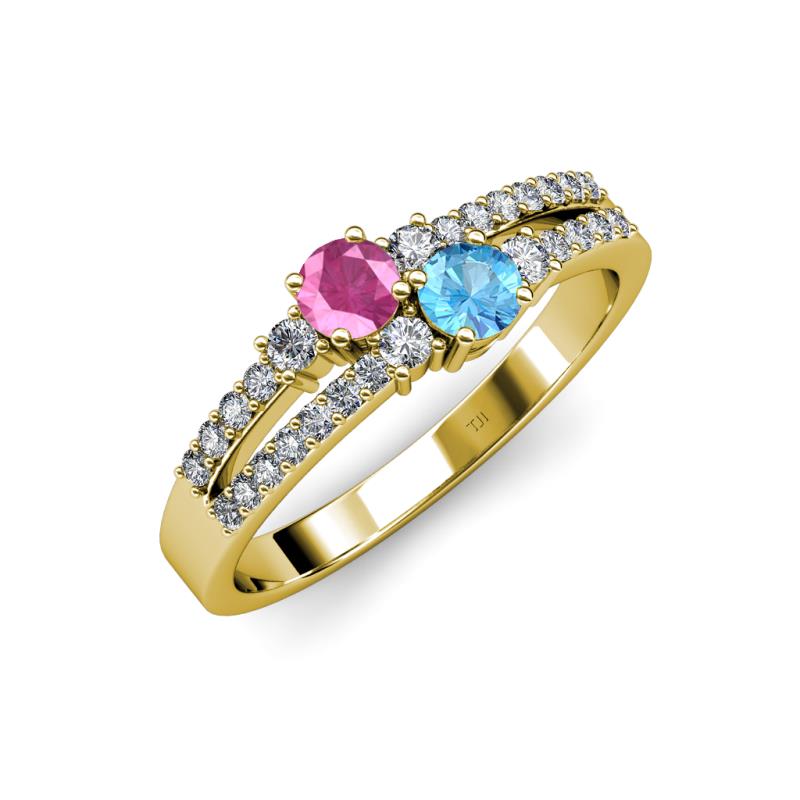 Zaira Pink Sapphire and Blue Topaz with Side Diamonds Split Shank Ring 