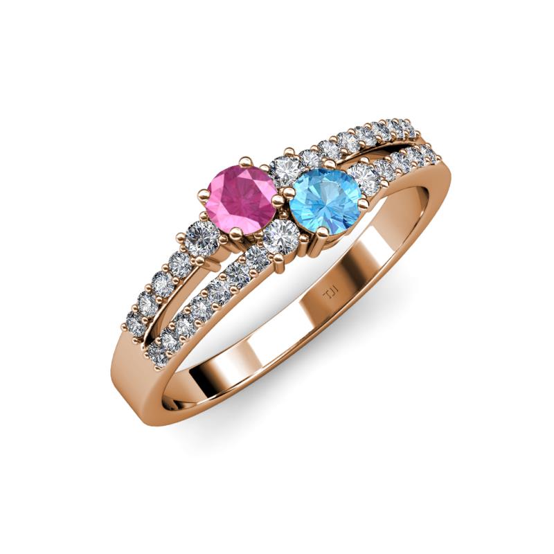 Zaira Pink Sapphire and Blue Topaz with Side Diamonds Split Shank Ring 