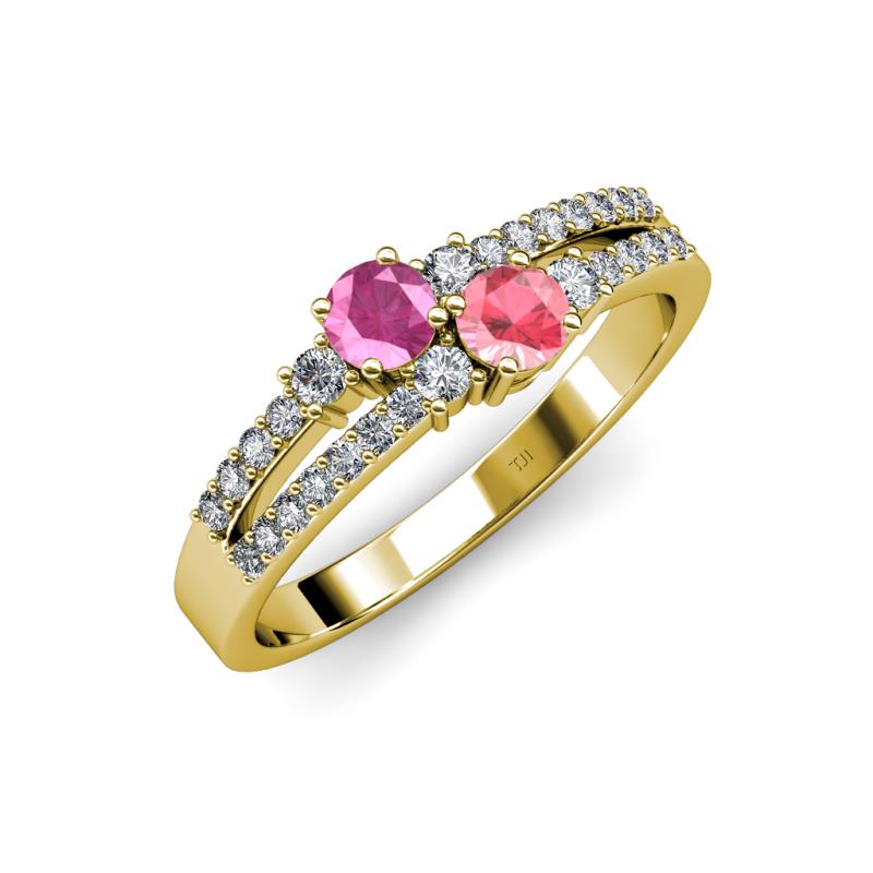 Zaira Pink Sapphire and Pink Tourmaline with Side Diamonds Split Shank Ring 