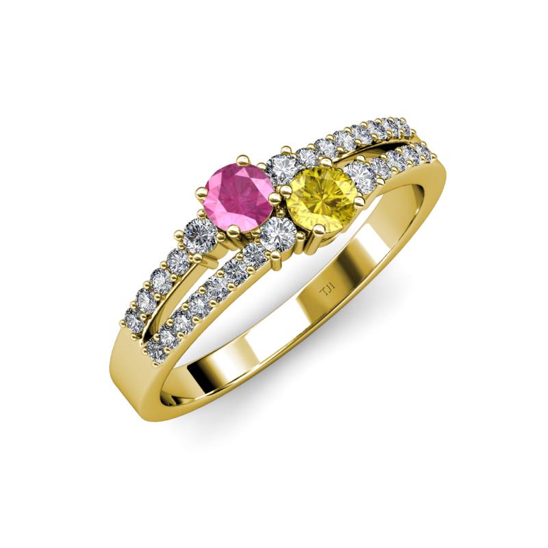 Zaira Pink and Yellow Sapphire with Side Diamonds Split Shank Ring 