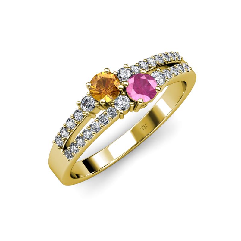 Zaira Citrine and Pink Sapphire with Side Diamonds Split Shank Ring 