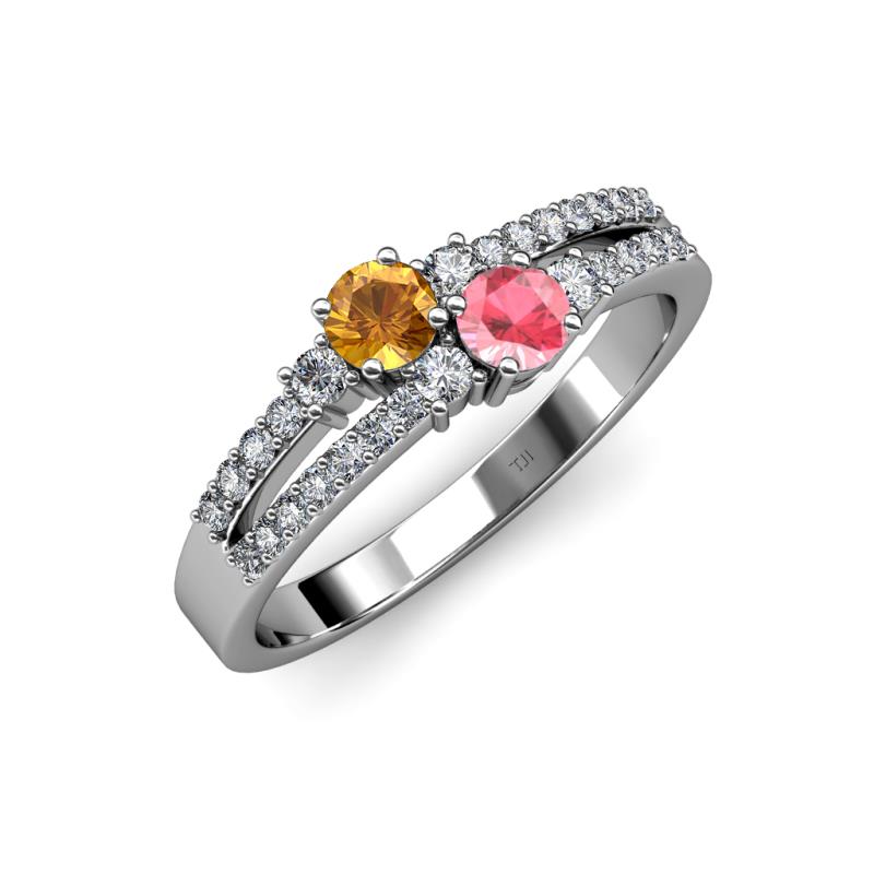 Zaira Citrine and Pink Tourmaline with Side Diamonds Split Shank Ring 