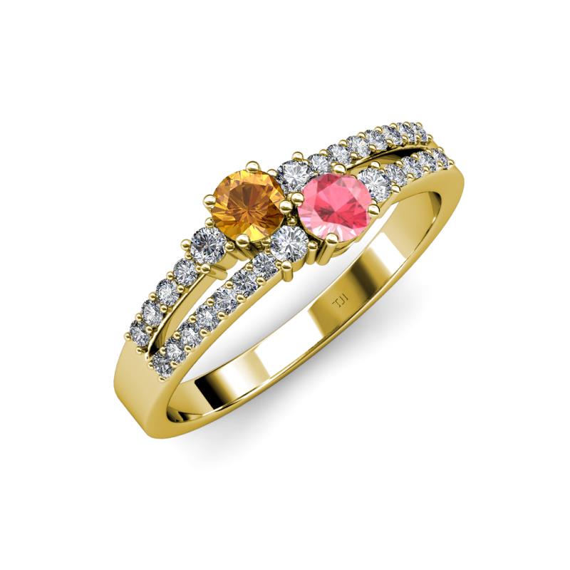 Zaira Citrine and Pink Tourmaline with Side Diamonds Split Shank Ring 
