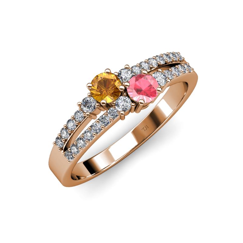 Zaira Citrine and Pink Tourmaline with Side Diamonds Split Shank Ring 