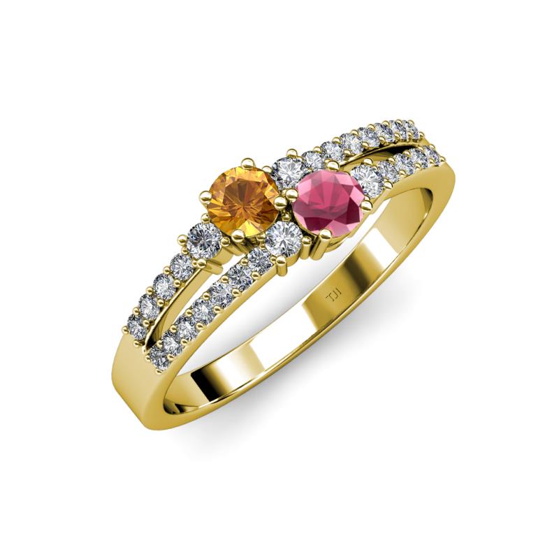 Zaira Citrine and Rhodolite Garnet with Side Diamonds Split Shank Ring 