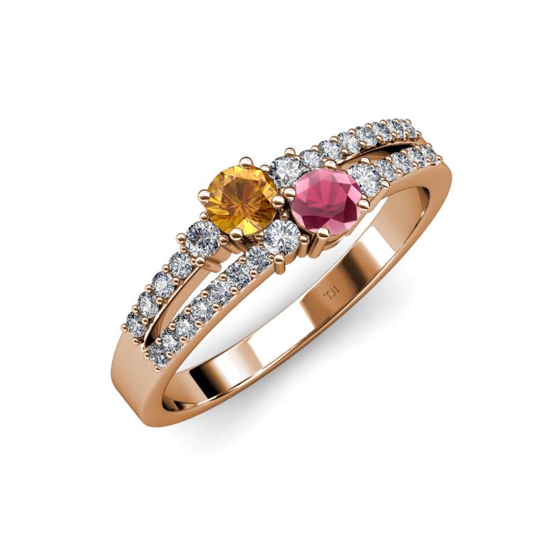Zaira Citrine and Rhodolite Garnet with Side Diamonds Split Shank Ring 