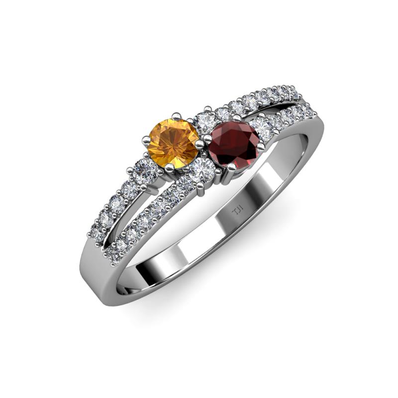 Zaira Citrine and Red Garnet with Side Diamonds Split Shank Ring 