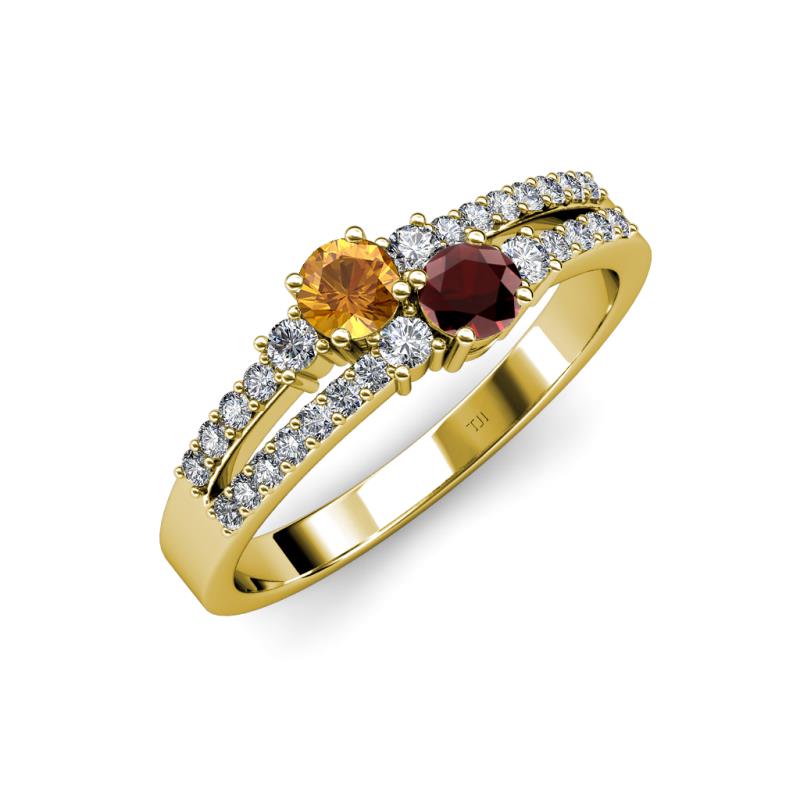 Zaira Citrine and Red Garnet with Side Diamonds Split Shank Ring 
