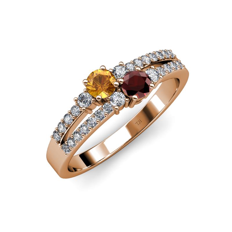 Zaira Citrine and Red Garnet with Side Diamonds Split Shank Ring 