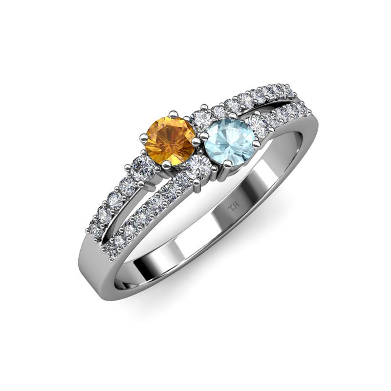 Zaira Citrine and Aquamarine with Side Diamonds Split Shank Ring 