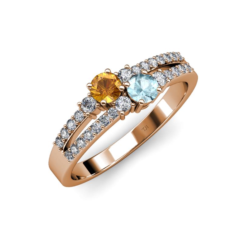 Zaira Citrine and Aquamarine with Side Diamonds Split Shank Ring 