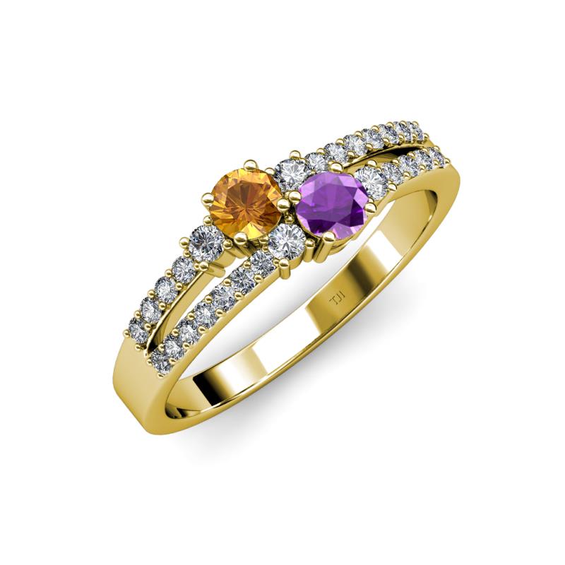 Zaira Citrine and Amethyst with Side Diamonds Split Shank Ring 