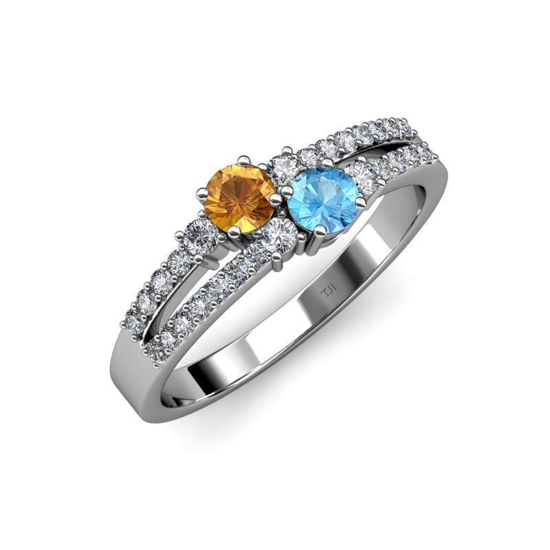 Zaira Citrine and Blue Topaz with Side Diamonds Split Shank Ring 