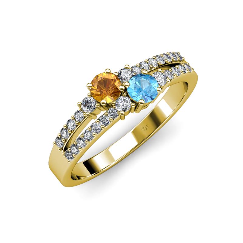 Zaira Citrine and Blue Topaz with Side Diamonds Split Shank Ring 
