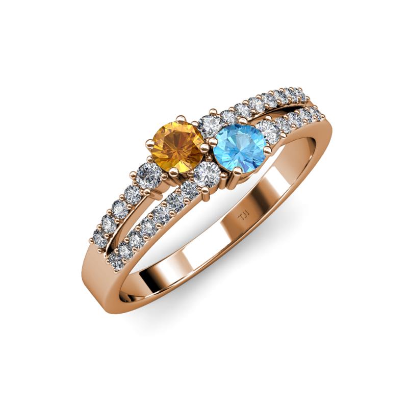 Zaira Citrine and Blue Topaz with Side Diamonds Split Shank Ring 