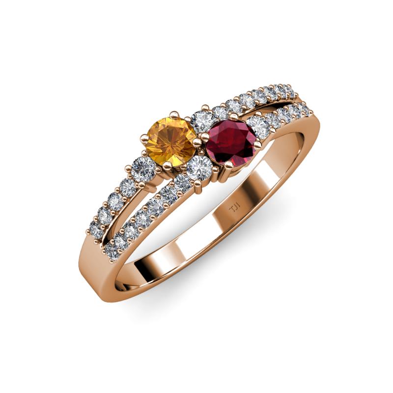 Zaira Citrine and Ruby with Side Diamonds Split Shank Ring 