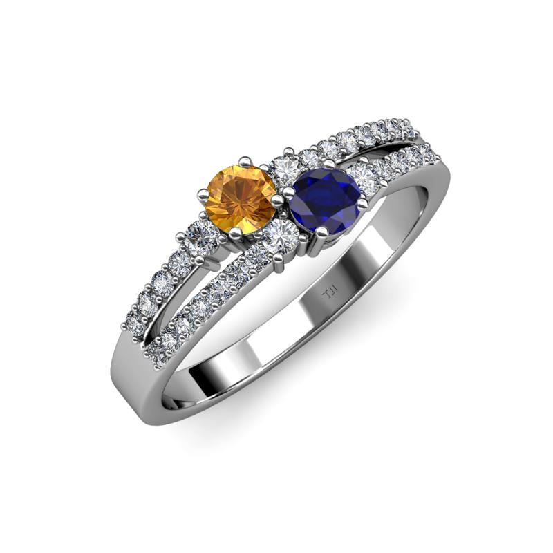 Zaira Citrine and Blue Sapphire with Side Diamonds Split Shank Ring 