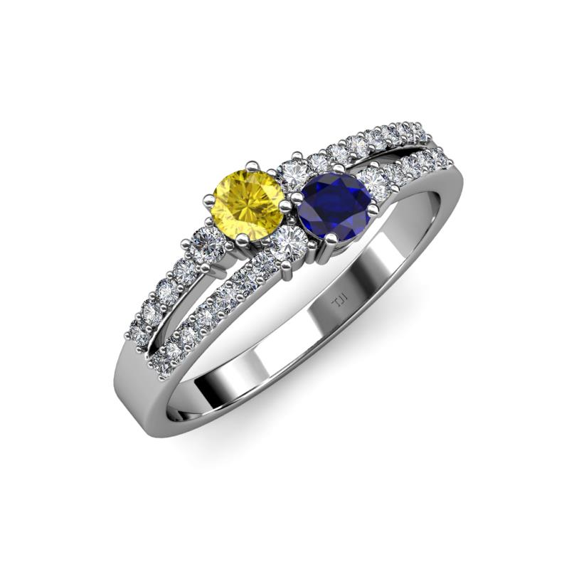 Zaira Yellow and Blue Sapphire with Side Diamonds Split Shank Ring 