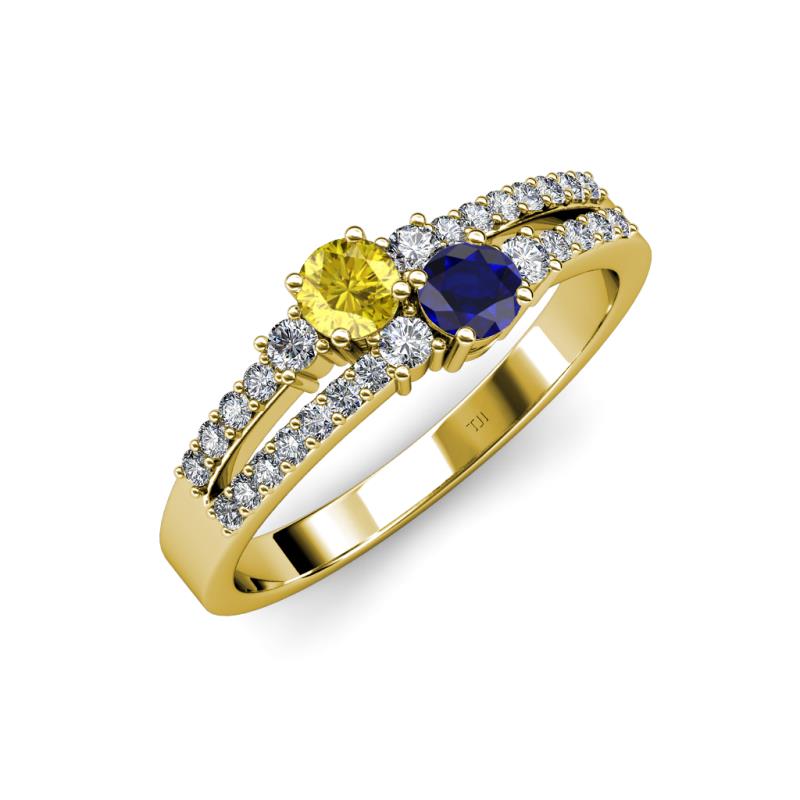 Zaira Yellow and Blue Sapphire with Side Diamonds Split Shank Ring 