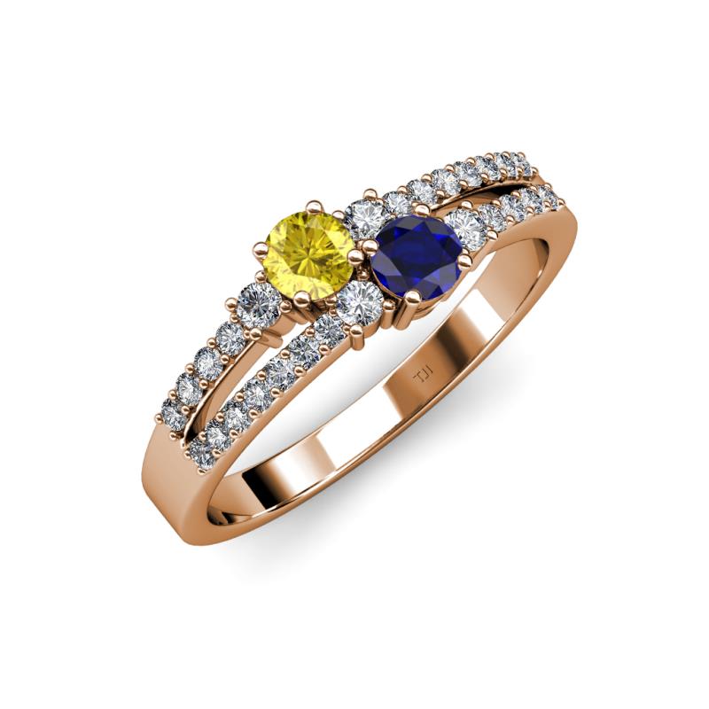Zaira Yellow and Blue Sapphire with Side Diamonds Split Shank Ring 