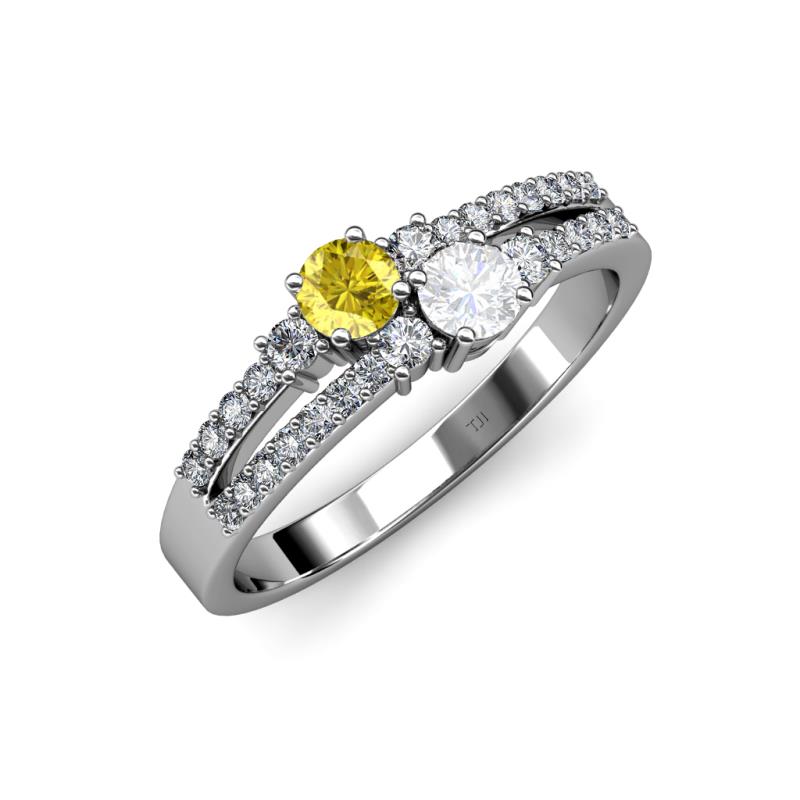 Zaira Yellow and White Sapphire with Side Diamonds Split Shank Ring 