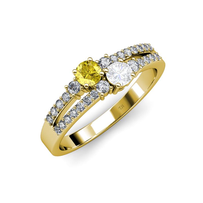 Zaira Yellow and White Sapphire with Side Diamonds Split Shank Ring 