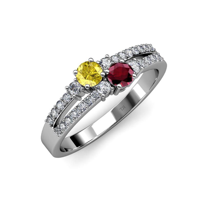 Zaira Yellow Sapphire and Ruby with Side Diamonds Split Shank Ring 