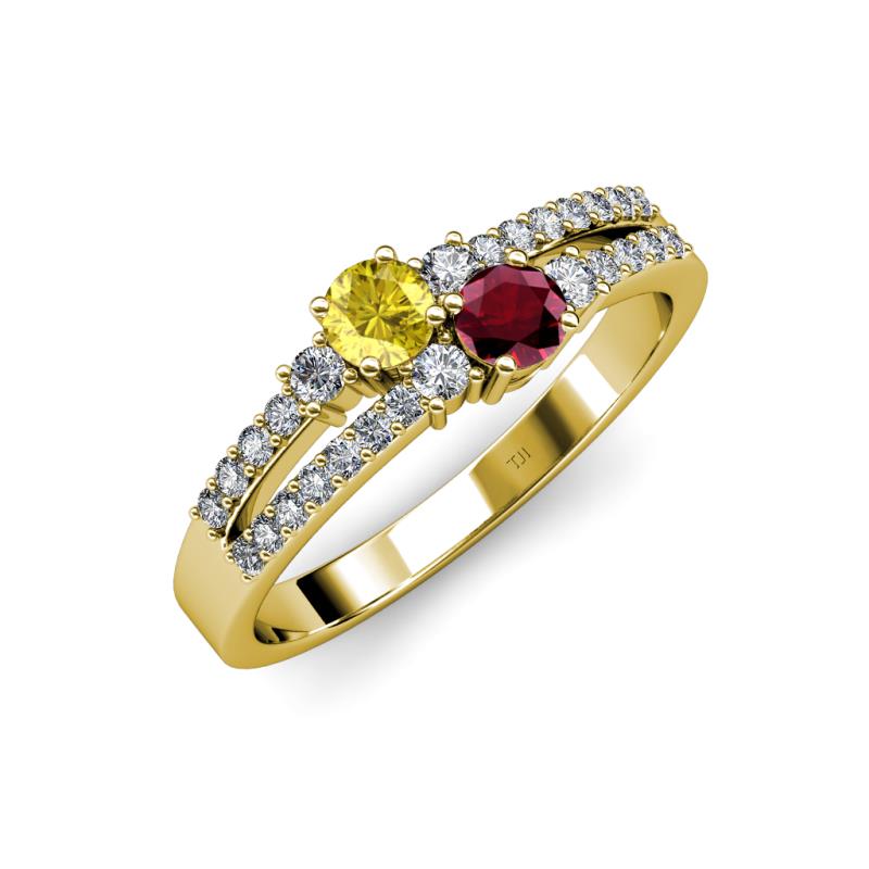 Zaira Yellow Sapphire and Ruby with Side Diamonds Split Shank Ring 