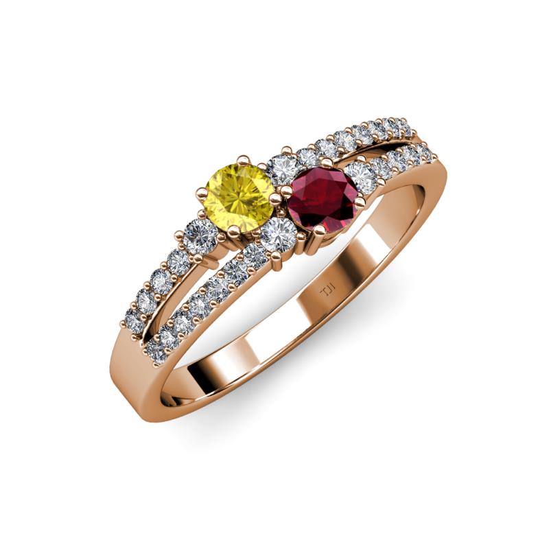 Zaira Yellow Sapphire and Ruby with Side Diamonds Split Shank Ring 