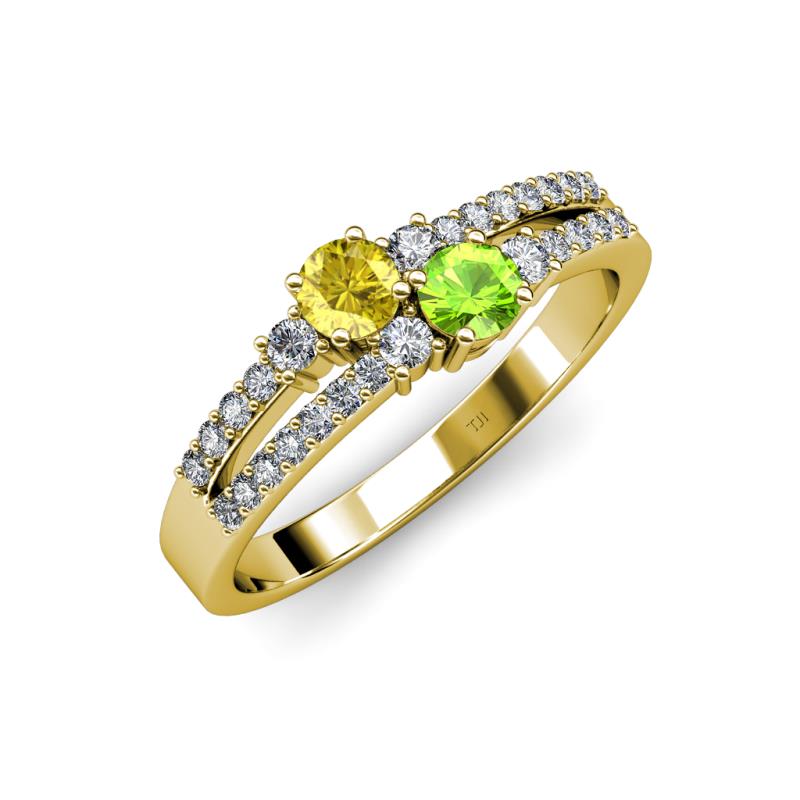 Zaira Yellow Sapphire and Peridot with Side Diamonds Split Shank Ring 