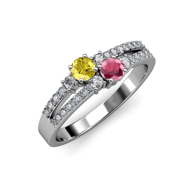 Zaira Yellow Sapphire and Rhodolite Garnet with Side Diamonds Split Shank Ring 