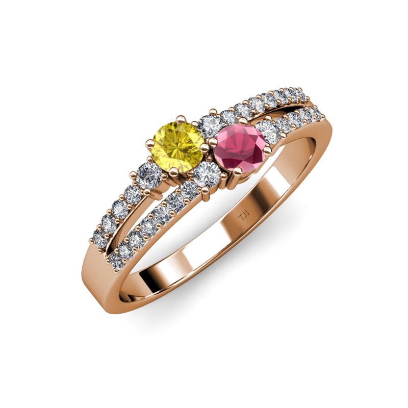 Zaira Yellow Sapphire and Rhodolite Garnet with Side Diamonds Split Shank Ring 
