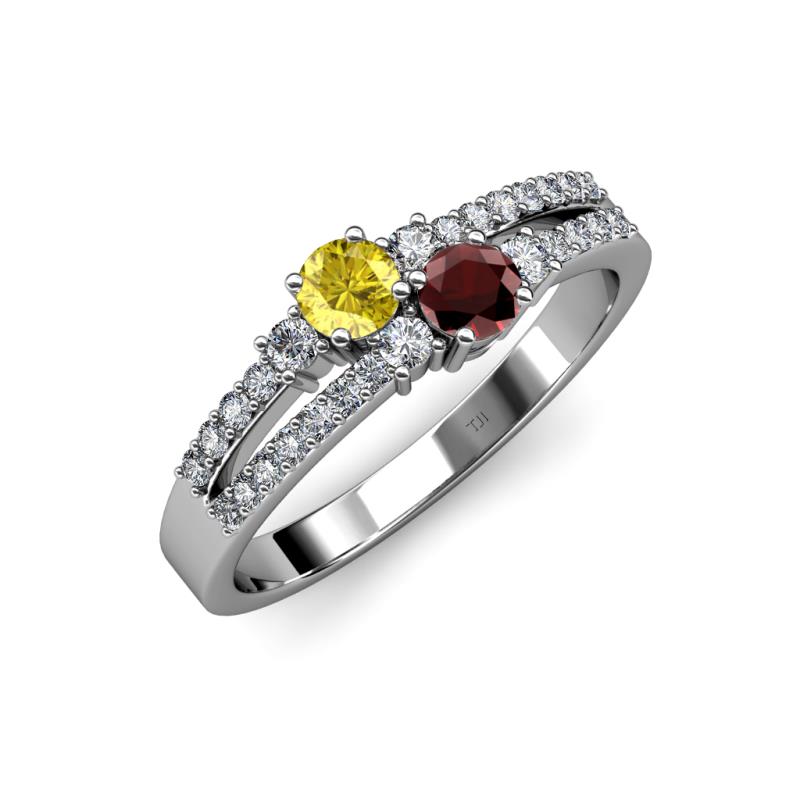Zaira Yellow Sapphire and Red Garnet with Side Diamonds Split Shank Ring 